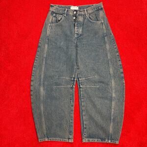 We The Free Good Luck Mid-Rise Barrel Jeans Dark Blue Pink 27